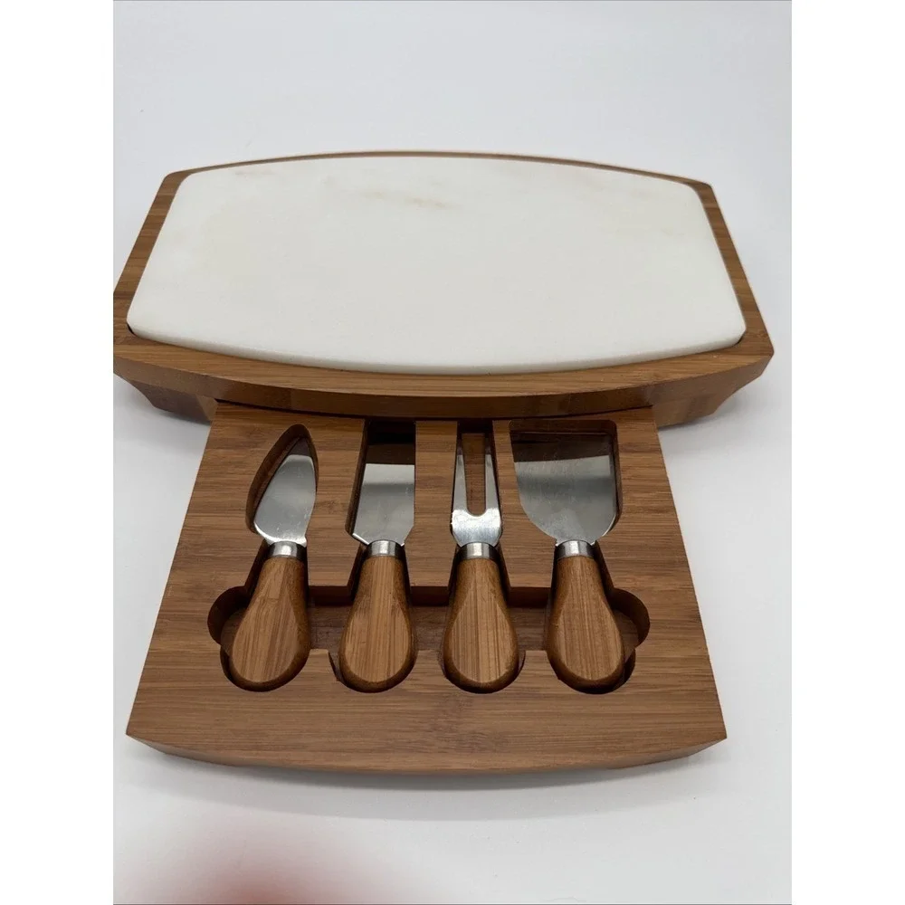 New In Box-B. Smith Cheese Board Set W/Marble Top & Bamboo Tray + 4 Utensils